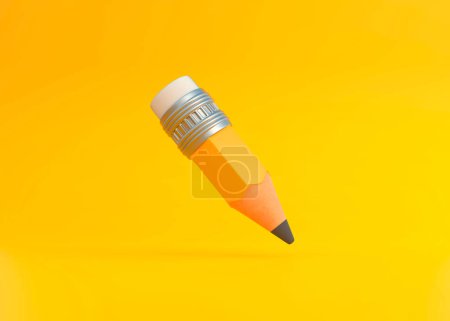 Téléchargez les photos : Drôle petit crayon en bois pointu avec gomme à effacer en caoutchouc volant sur fond jaune. Concept créatif minimal. Des fournitures scolaires. Outils de bureau. Illustration de rendu 3D - en image libre de droit