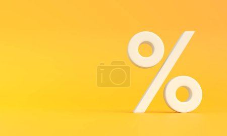 Téléchargez les photos : Panneau de pourcentage blanc sur fond jaune avec espace de copie. Concept créatif minimal. Illustration de rendu 3D - en image libre de droit