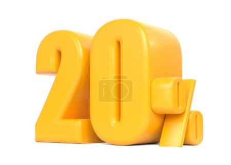 Foto de Signo amarillo brillante del veinte por ciento aislado sobre fondo blanco. 20% de descuento en venta. Ilustración de representación 3d - Imagen libre de derechos