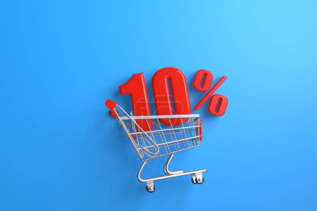 Photo for Glossy red ten percent Discount Sign in a shopping cart on a blue background. 10% discount on sale. 3d rendering illustration - Royalty Free Image