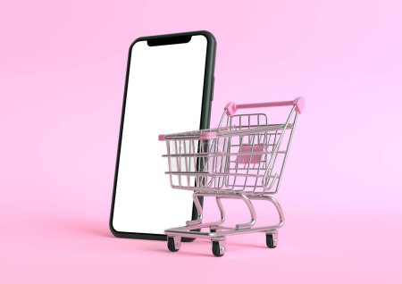 Photo for Shopping cart with empty smartphone screen on a pink background. Shopping Trolley. Grocery push cart. Online shopping and advertising concept. 3d render illustration - Royalty Free Image