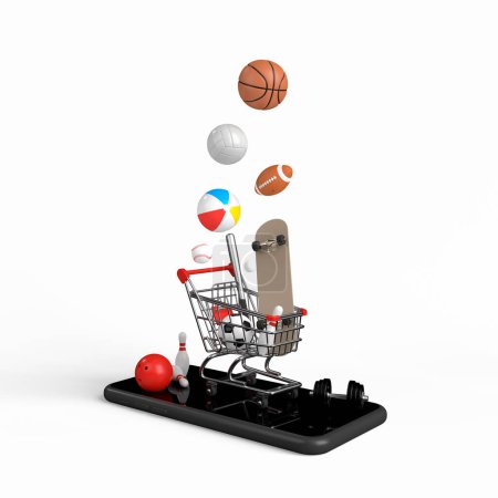 Photo for Online shopping concept on smartphone on white background. Online shopping sports equipment. 3d rendering - Royalty Free Image