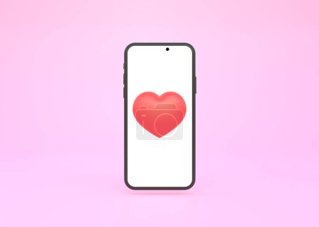 Téléchargez les photos : Icône Notification comme coeur sur téléphone mobile sur un fond rose. Une maquette d'un téléphone avec un écran blanc vide. Présentation de la demande. App représente. Aménagement. Illustration de rendu 3d - en image libre de droit