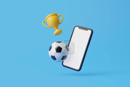 Foto de Teléfono móvil con una pantalla blanca, pelota de fútbol y copa de oro están volando sobre un fondo azul con espacio de copia. Concepto de apuestas en línea, casa de apuestas. Ilustración de representación 3d - Imagen libre de derechos