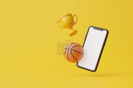 Photo for Mobile phone with a white screen, basketball and golden cup are flying on a yellow background with copy space. Online betting concept, bookmaker. 3d rendering illustration - Royalty Free Image