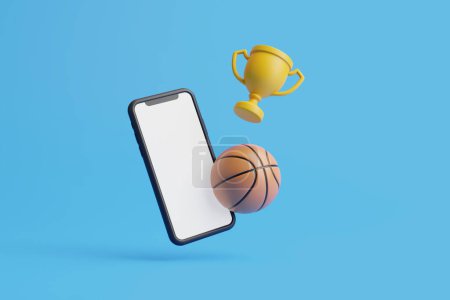 Foto de Teléfono móvil con una pantalla blanca, baloncesto y copa de oro están volando sobre un fondo azul con espacio de copia. Concepto de apuestas en línea, casa de apuestas. Ilustración de representación 3d - Imagen libre de derechos