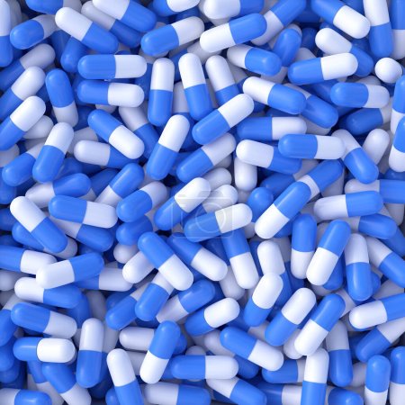 Téléchargez les photos : Pile de capsules blanches bleues. Concept de médecine et de pharmacie. Illustration de rendu 3d - en image libre de droit