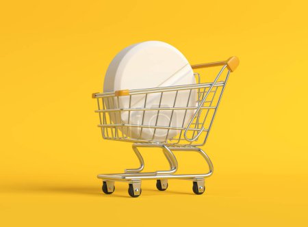 Photo for Pharmaceutical medicine pills, tablets and capsules in a metal shopping cart on yellow background with copy space. Medicine concepts. Minimalistic abstract concept. 3d Rendering illustration - Royalty Free Image