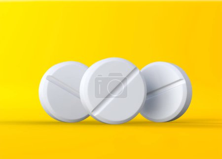 Photo for Pharmaceutical medicine pills, tablets and capsules on yellow background. Medical concept. 3d rendering illustration - Royalty Free Image