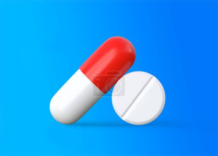 Foto de Pastillas, tabletas y cápsulas farmacéuticas sobre fondo azul. Concepto médico. Ilustración de representación 3d - Imagen libre de derechos