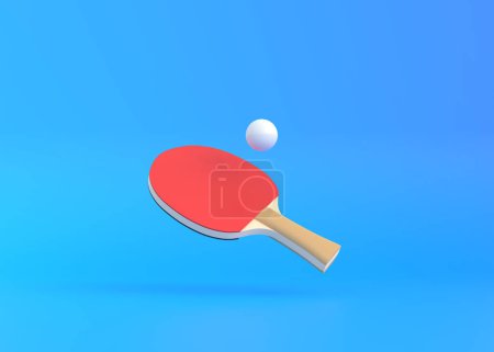 Photo for Red racket for table tennis with white ball on blue background. Ping pong sports equipment. Minimal creative concept. 3d rendering illustration - Royalty Free Image