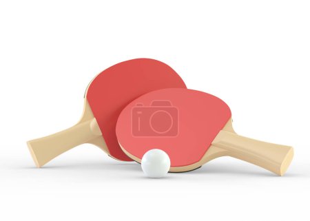 Téléchargez les photos : Raquettes rouges pour tennis de table avec boule blanche isolée sur fond blanc. Équipement de sport Ping-pong. Concept créatif minimal. Illustration de rendu 3d - en image libre de droit