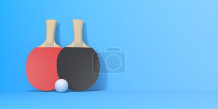 Téléchargez les photos : Deux raquettes de ping-pong avec balle sur fond bleu avec espace de copie. Vue de face. Concept minimal créatif. Illustration de rendu 3d - en image libre de droit