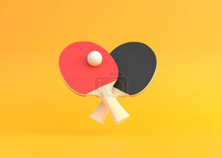 Téléchargez les photos : Raquettes rouges et noires pour tennis de table avec boule blanche sur fond jaune. Équipement de sport Ping-pong. Concept créatif minimal. Illustration de rendu 3d - en image libre de droit