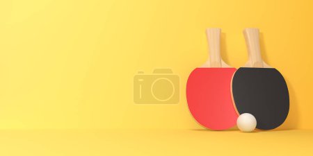 Téléchargez les photos : Deux raquettes de ping-pong avec balle sur fond jaune avec espace de copie. Vue de face. Concept minimal créatif. Illustration de rendu 3d - en image libre de droit