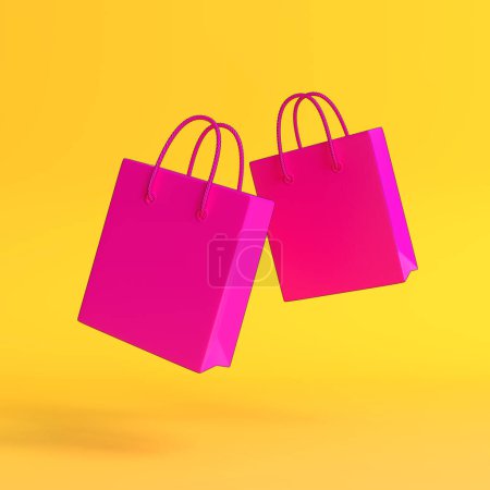 Foto de Volando bolsas de compras vacías en el fondo amarillo, texto de espacio de copia, concepto creativo. ilustración de renderizado 3d - Imagen libre de derechos
