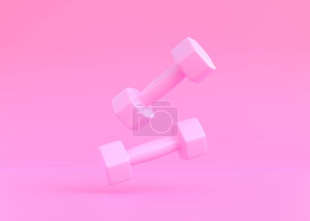 Photo for Pink rubber or plastic fitness dumbbells on yellow background. Gym and fitness equipment. Workout tools. Sport training and lifting concept. 3D rendering illustration - Royalty Free Image