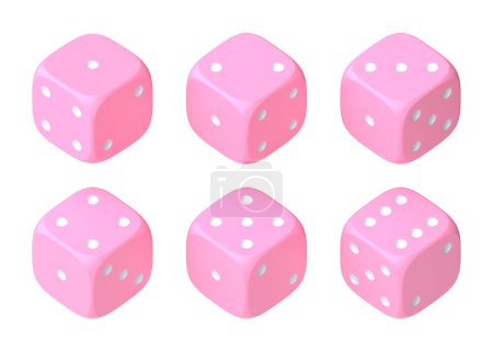 Foto de Conjunto de seis dados rosados con puntos blancos colgando por la mitad mostrando diferentes números. Dados afortunados. Tirando dados. Juegos de mesa. Apuestas de dinero. Ilustración de representación 3D - Imagen libre de derechos