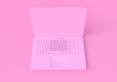 Photo for Pink laptop isolated on a pink background, pastels color notebook, portable pc, computer 3d illustration 3d rendering - Royalty Free Image