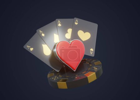 Photo for Play card icon, hearts symbol, play card symbols, poker chip, dices and ace with golden metal isolated on the dark background. Casino game gambling concept. 3d render, 3d illustration - Royalty Free Image