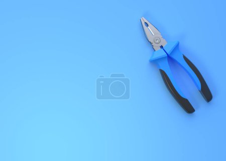 Téléchargez les photos : Pinces sur fond bleu avec espace de copie. Vue de dessus. Concept créatif minimal. Illustration de rendu 3D - en image libre de droit