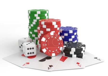 Photo for Aces lying near realistic casino chips or playing cards of different suits and stack of gambling  tokens for blackjack or sport poker. Gaming and gamble, luck and winning theme. 3D render illustration - Royalty Free Image
