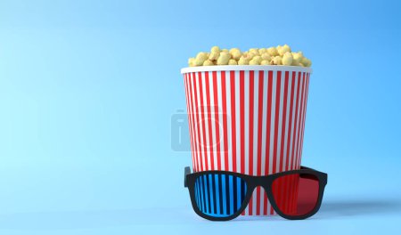 Foto de Palomitas de maíz y gafas 3D sobre fondo azul. Concepto creativo minimalista. Cine, cine, concepto de entretenimiento. ilustración de renderizado 3d - Imagen libre de derechos