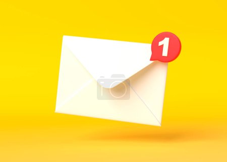 Photo for White mail envelope with red marker message on yellow background. Envelope falling on the ground. Email notification. Minimal design. 3D rendering, 3D illustration - Royalty Free Image