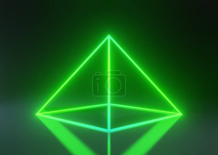 Téléchargez les photos : Pyramide verte composée de lignes lumineuses sur fond noir. Illustration 3D Render - en image libre de droit