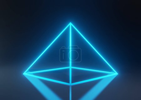 Téléchargez les photos : Pyramide bleue composée de lignes lumineuses sur fond noir. Illustration 3D Render - en image libre de droit