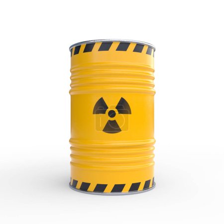 Foto de Desechos radiactivos barriles amarillos con símbolo radiactivo, aislados sobre fondo blanco. Residuos nucleares en barriles. Ilustración de representación 3d - Imagen libre de derechos