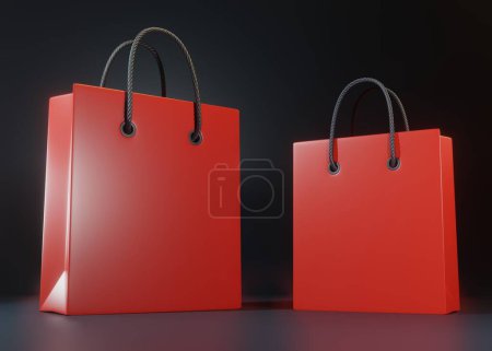 Foto de Bolso de compras de color rojo vacío en el fondo negro, texto de espacio de copia, concepto creativo. ilustración de renderizado 3d - Imagen libre de derechos