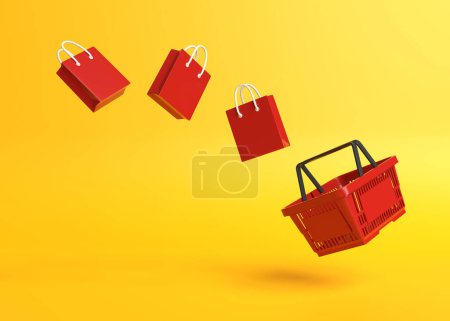 Photo for Flying shopping basket with shopping bags on a yellow background. Minimalist concept. 3d render illustration - Royalty Free Image