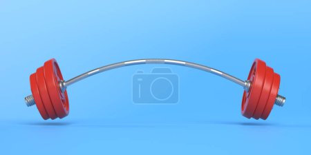 Photo for Metal barbell bent to both sides because of very heavy weights added on it on a blue background. Physical training. Gym routine. Body and health. 3d rendering 3d illustration - Royalty Free Image