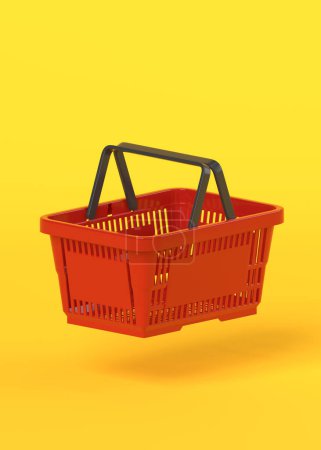 Foto de Cesta de compra vacía roja voladora sobre fondo amarillo. Ilustración de representación 3d - Imagen libre de derechos