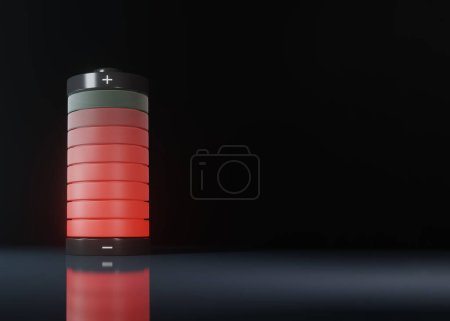 Téléchargez les photos : Batterie basse chargée avec lumière rouge éclatante isolée sur fond noir. Illustration de rendu 3D - en image libre de droit