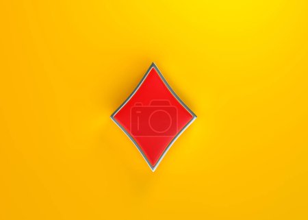 Téléchargez les photos : As jouant aux cartes symbole diamants avec des couleurs rouges isolés sur le fond jaune. Vue de dessus. Illustration de rendu 3D - en image libre de droit