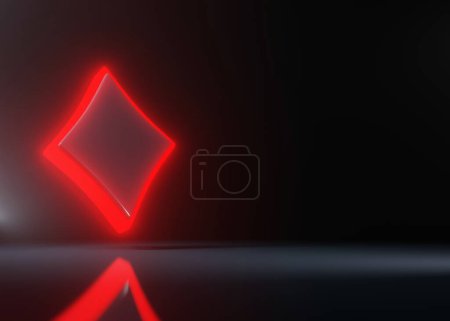 Téléchargez les photos : As jouant aux cartes symbole diamants avec des lumières au néon rouge futuriste lumineux isolé sur le fond noir. Illustration de rendu 3D - en image libre de droit