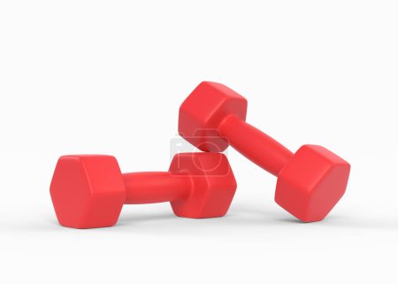 Photo for Fitness dumbbells pair. Two red color rubber or plastic coated dumbbell weights isolated on white background. Training workout equipment. Sport and exercises. Losing weight. 3d rendering illustration - Royalty Free Image