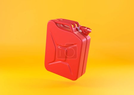 Photo for Red metal jerrycan on a yellow background. Canister for gasoline, diesel gas. 3d rendering illustration - Royalty Free Image