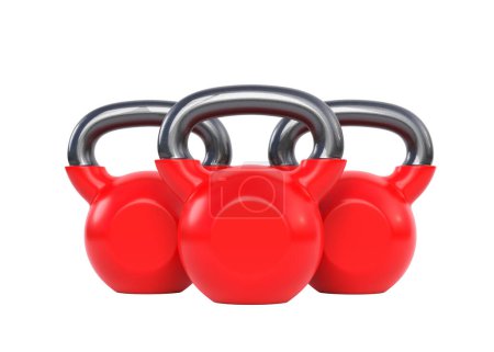 Photo for Three red kettlebell over white background. Heavy weights. Gym and fitness equipment. Workout tools. Muscle exercise, bodybuilding or fitness concept. Front view. 3D rendering illustration - Royalty Free Image