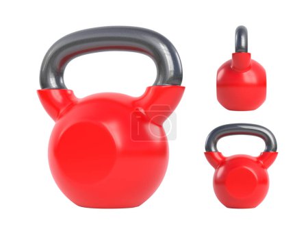 Photo for Red metal kettlebell isolated on white background. View from all sides. Gym and fitness equipment. Workout tools. Sport training and lifting concept. 3D render illustration - Royalty Free Image