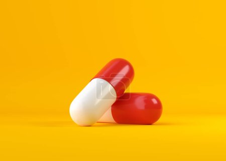 Pair of red-white pharmaceutical medicine pills on yellow background. Medicine concepts. Minimalistic abstract concept. 3d Rendering illustration