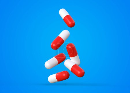 Photo for Pharmaceutical medicine pills, tablets and capsules falling on blue background. Medical concept. 3d rendering illustration - Royalty Free Image