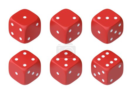 Photo for Set of six red dice with white dots hanging in half turn showing different numbers. Lucky dice. Rolling dice. Board games. Money bets. 3D rendering illustration - Royalty Free Image