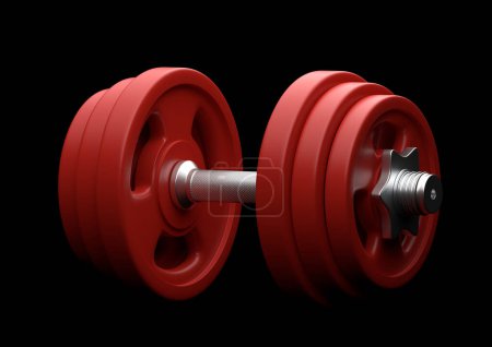 Photo for Dumbbell with red plates isolated on black background. Front view with copy space. Creative concept. 3d rendering illustration - Royalty Free Image