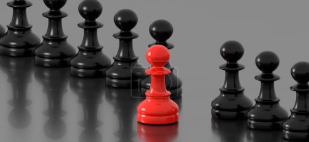 Téléchargez les photos : Pion rouge d'échecs, se détachant de la foule des Noirs. Illustration de rendu 3D - en image libre de droit