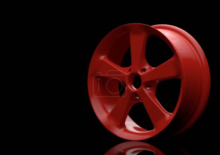 Photo for Aluminium alloy car wheel. Red alloy rim for car, tracks on black background. 3d rendering illustration - Royalty Free Image