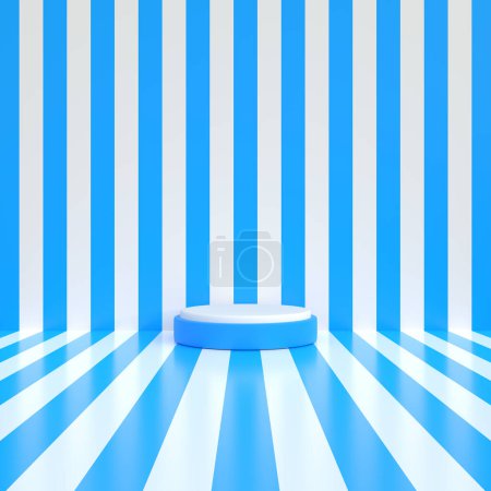 Photo for Blue cylinder pedestal podium with white perspective stripes line. Pastel minimal scene. 3d render illustration - Royalty Free Image
