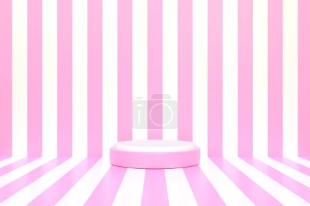 Téléchargez les photos : Podium cylindre rose avec ligne rayures perspective blanche. Scène minimale pastel. Illustration de rendu 3D - en image libre de droit